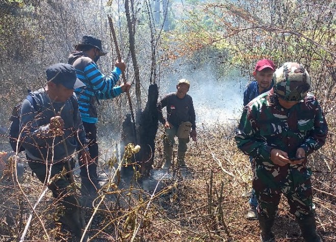 PEMADAMAN: Petugas, relawan dan warga berjibaku memadamkan api yang membakar Gunung Kareumbi Blok Ciceuri. (For Radar Sumedang)